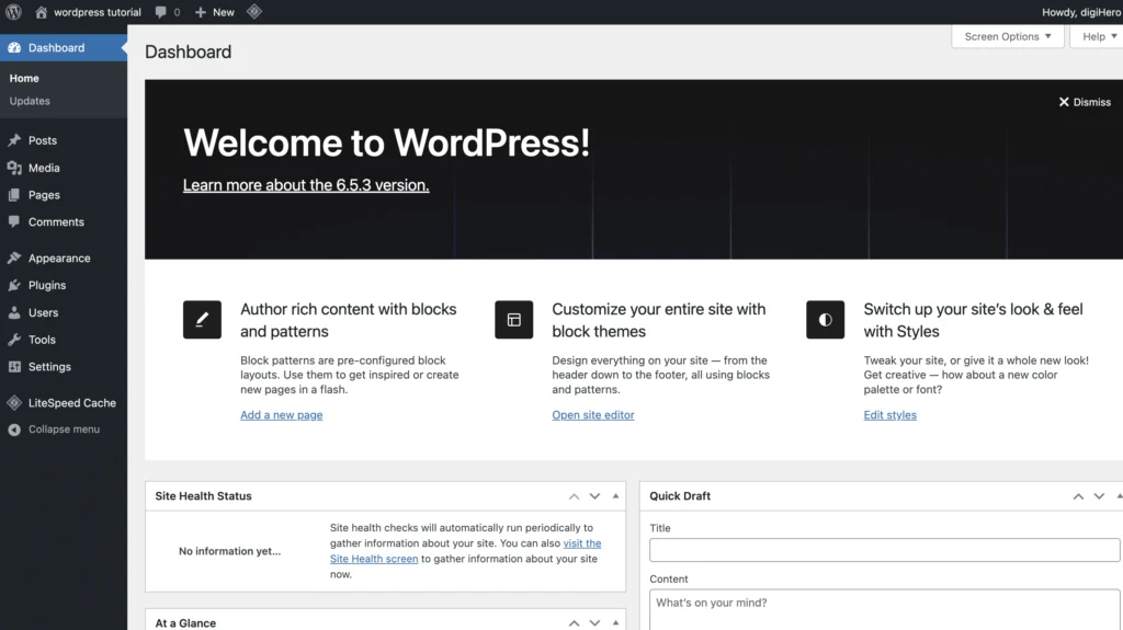 dashboard WordPress-tutorials-for-beginners